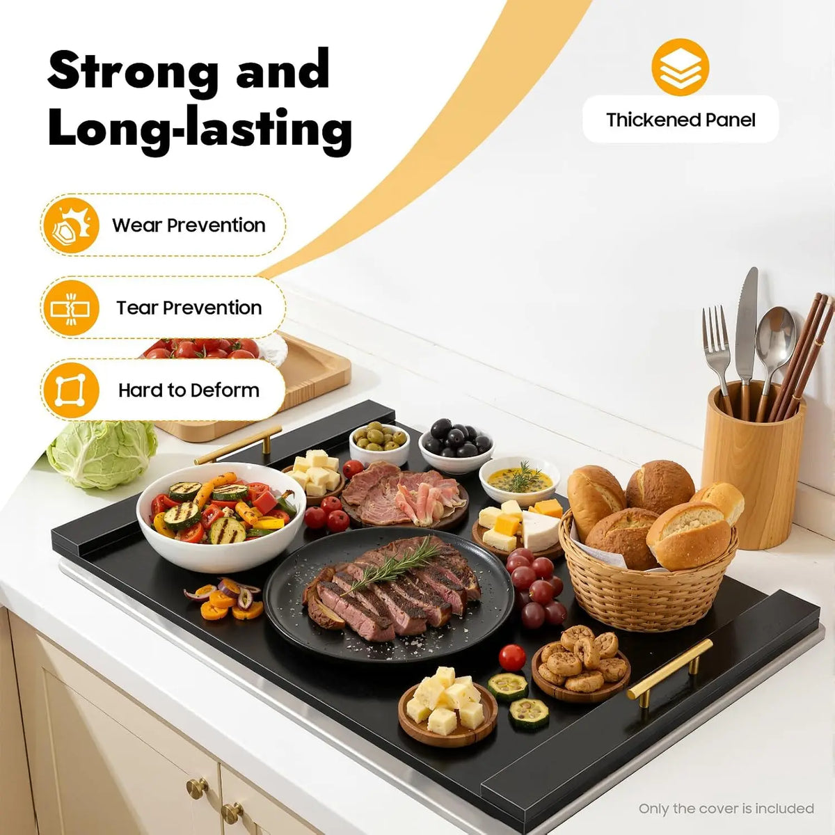 Wood Noodle Board Stove Cover with Handles for Counter Space