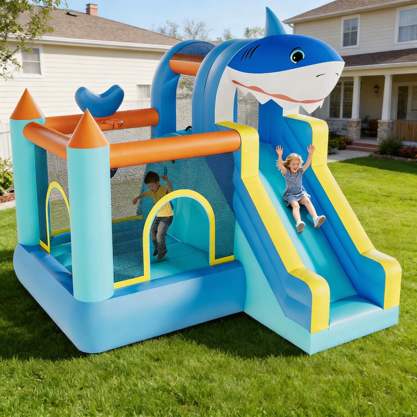 Inflatable Bounce House With Slide & Blower, Kids Bouncy Castle, Climbing Wall Basketball Hoop, Indoor Outdoor Backyard Play