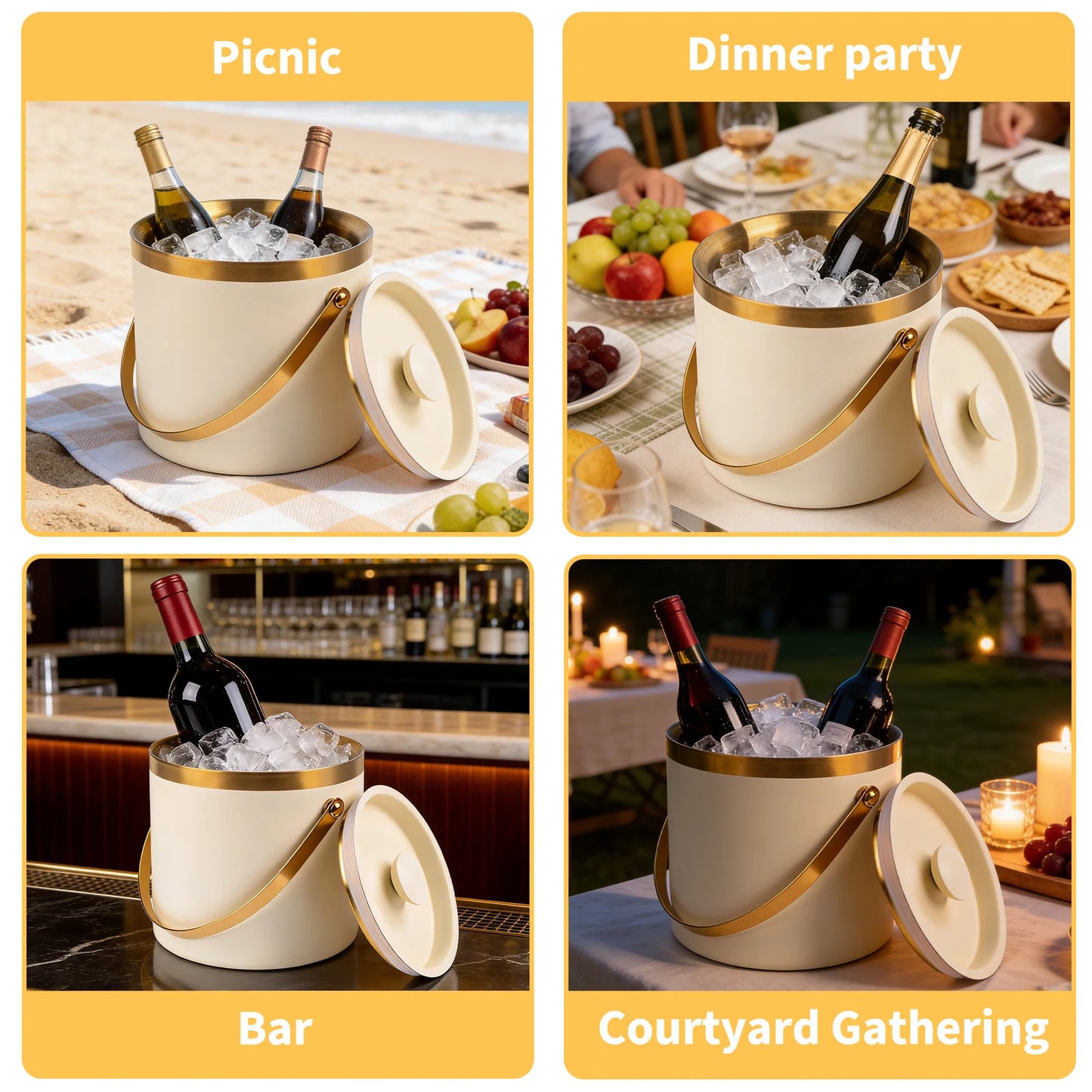 4L Stainless Steel Ice Bucket with Lid Handle Double Wall Insulation for Wine Champagne Bar Party