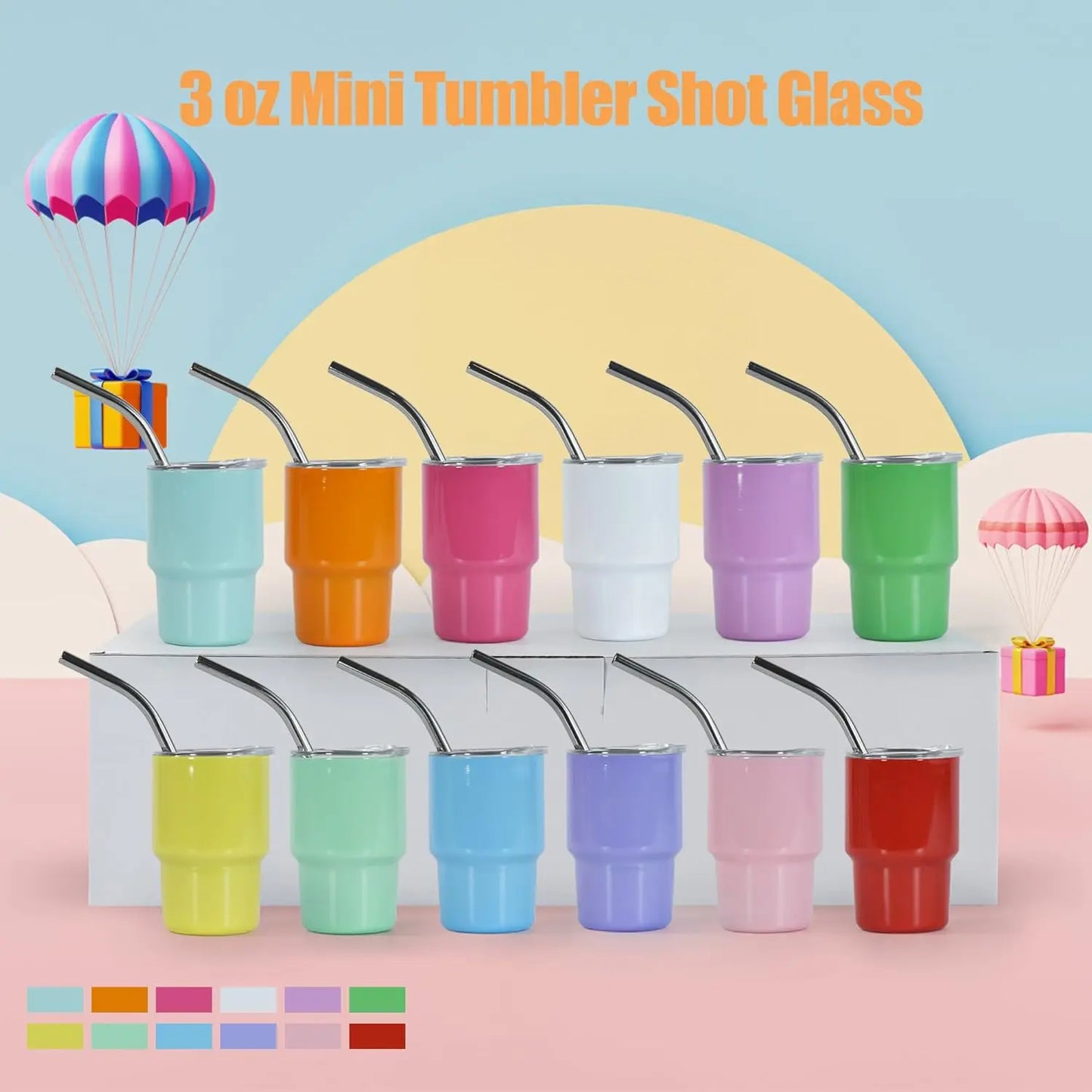 Stainless Steel Mini Tumbler Shot Glasses Straw Lid 12 Pack