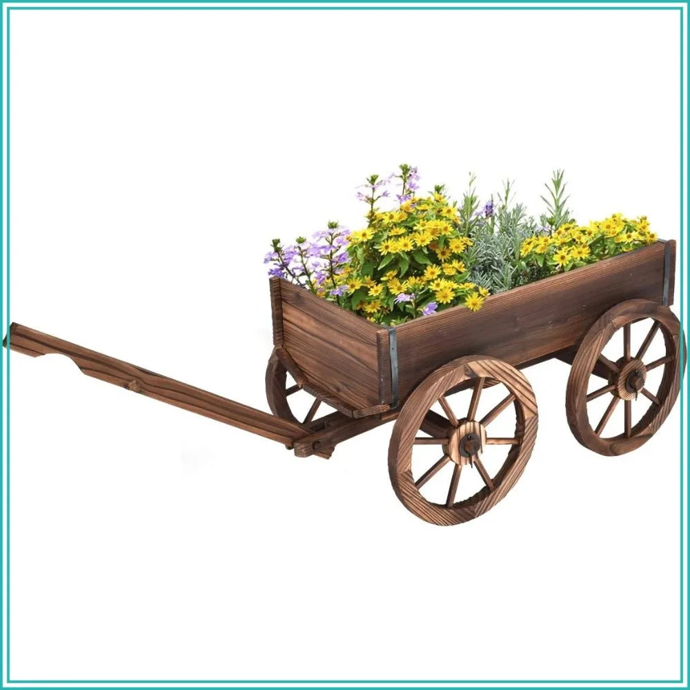 Wood Wagon Planter With Wheels Outdoor Flower Stand For Patio