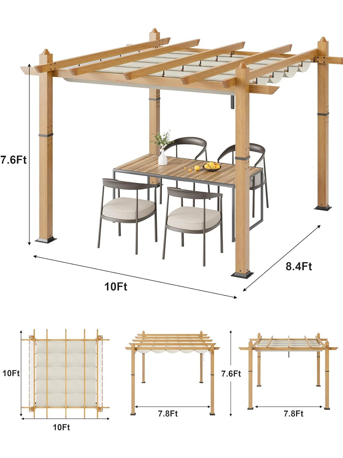 HiMISS Outdoor Pergola With Retractable Canopy Faux Wood Grain Aluminum
