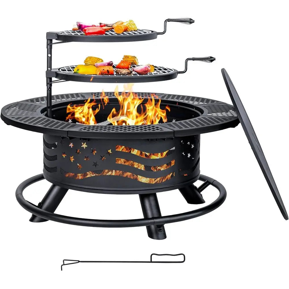 Outdoor Steel Fire Pit With Grates BBQ Grill Cover