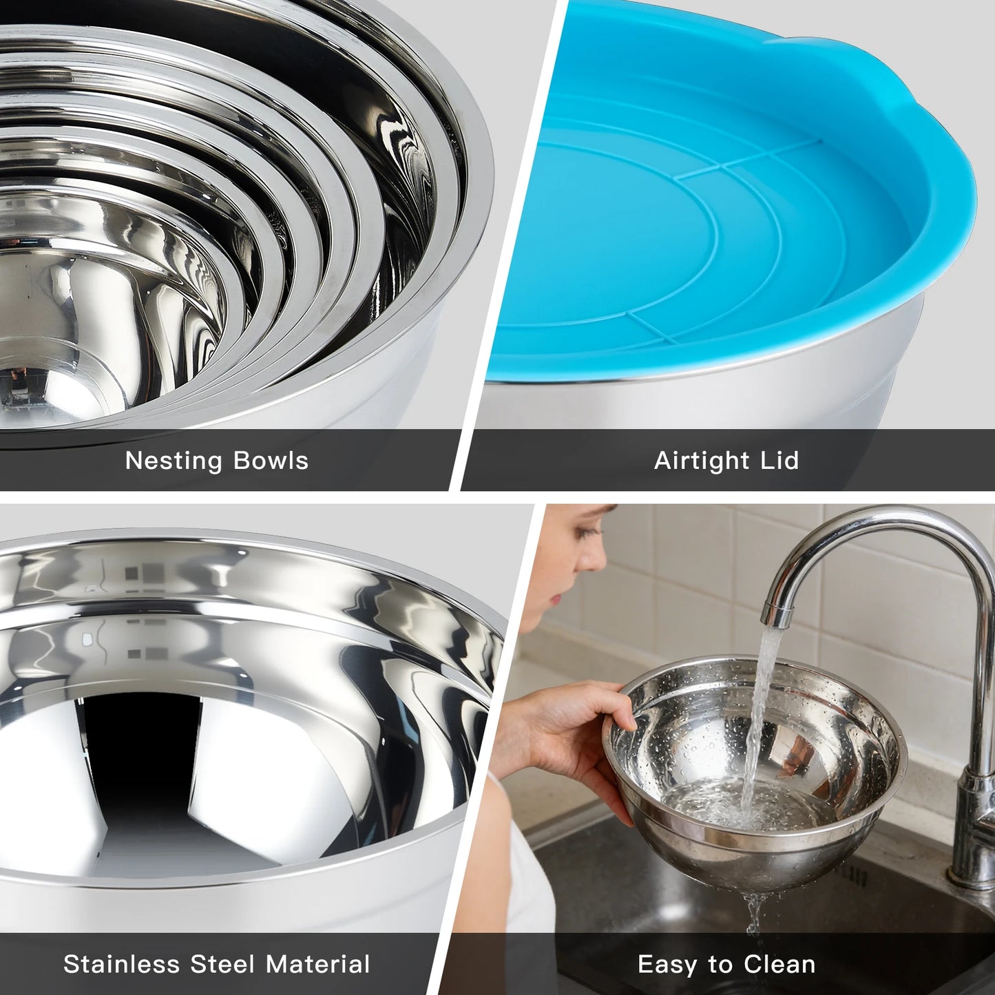 7 PCS Stainless Steel Mixing Bowls with Airtight Lids, 7–11 Inch Nesting Bowls for Kitchen Prep Mixing