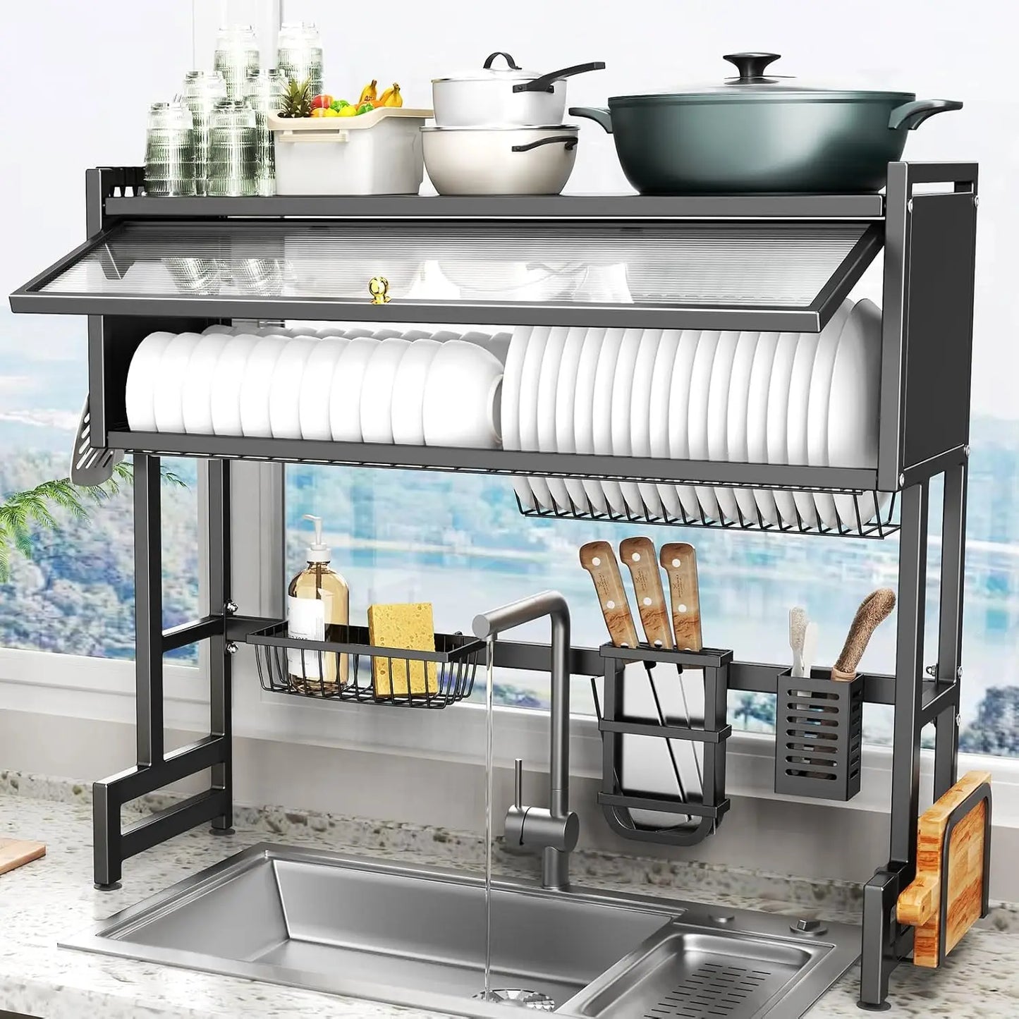 Over the Sink Stainless Steel 3 Tier Rack with Lid