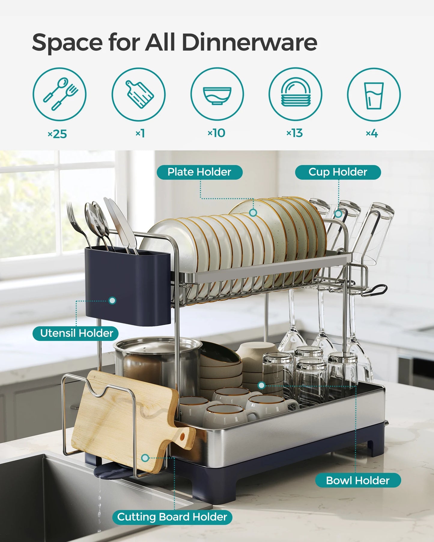 SONGMICS 2 Tier Dish Drying Rack With Rotatable Drain Spout