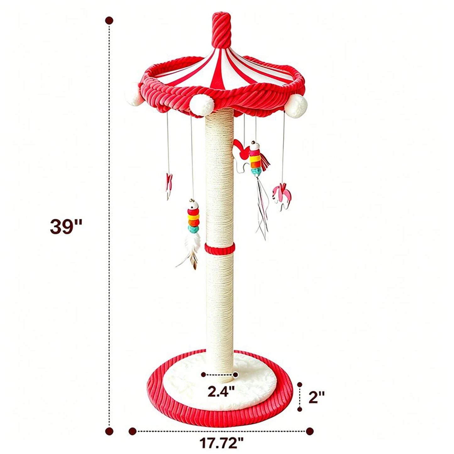 39“ Tall Carousel Cat Scratching Post with Hanging Toys Cat Tree Tower with Rotating Top 17.7" Stable Base Interactive Toys For Indoor Kittens and Adult Cats Climbing