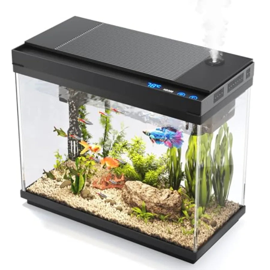 Fish Tank, 2.4 Gallon Fish Aquarium, Fish Tank Starter kit with Smart Humidifier, Temperature Display, 7-Color Lighting, 3 in 1