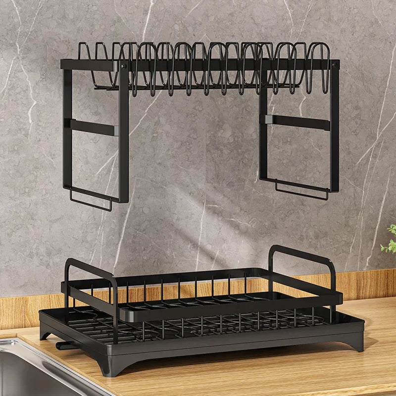Rustproof 2-Tier Space-Saving Dish Rack With Drainboard Utensil Cup Holder