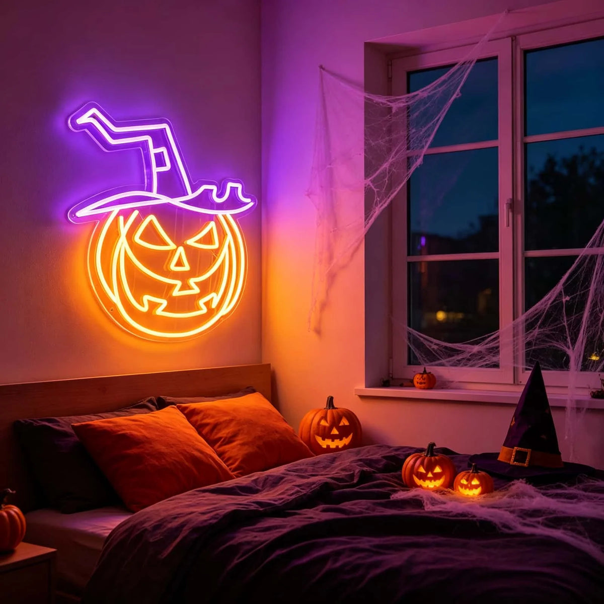 THIIXDAI Halloween Pumpkin Witch Hat LED Neon Sign Home Decor