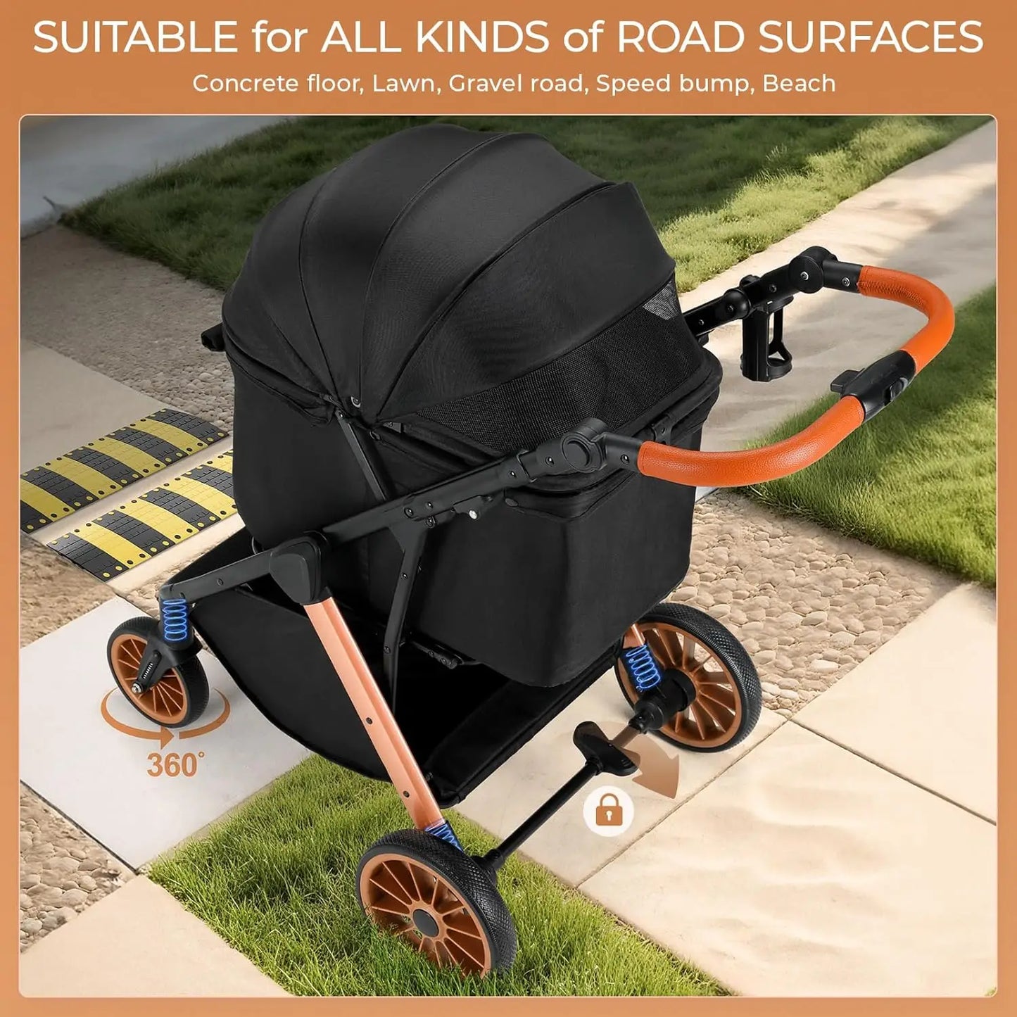 Foldable Pet Stroller With Sun Shade And Shock Absorbers