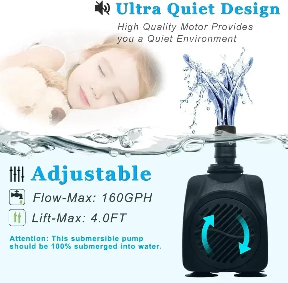 Small Submersible Pump (160GPH 10Watt), Ultra Quiet Fountain Pump (600L/H) with 3.3 ft Tubing for Aquariums, Pond Fountain, Wate