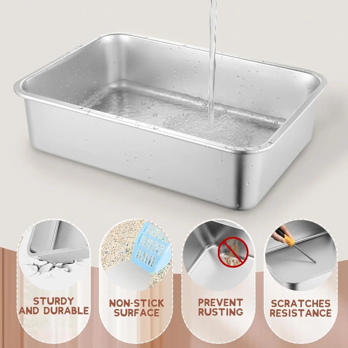 Low Entry Stainless Steel Cat Litter Box For Small Pets