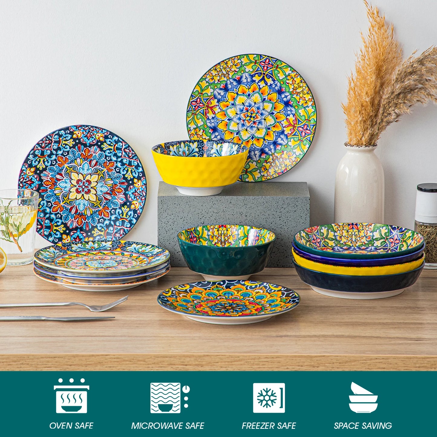 vancasso 24 PCS Ceramic Dinnerware Set Porcelain Bohemian Style Dinnerware with Dinner/Dessert Plate/Cereal/Pasta Bowl For 6
