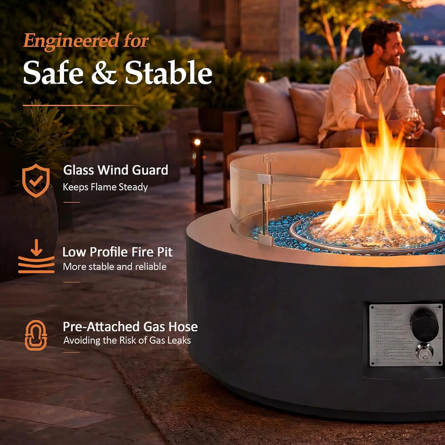 42-inch Outdoor Propane Gas Fire Pit Table 50000 BTU Iron Round Firepit for Outside Patio with Tank Hidden Table, Wind, Custom