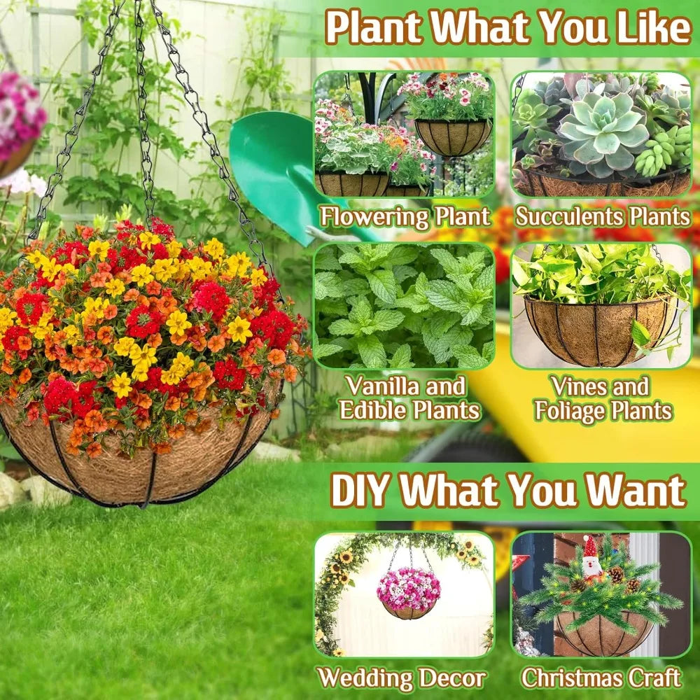3 Pack 10 Inch Metal Hanging Baskets with Coconut Liners for Plants, Outdoor Porch Balcony Garden Decoration