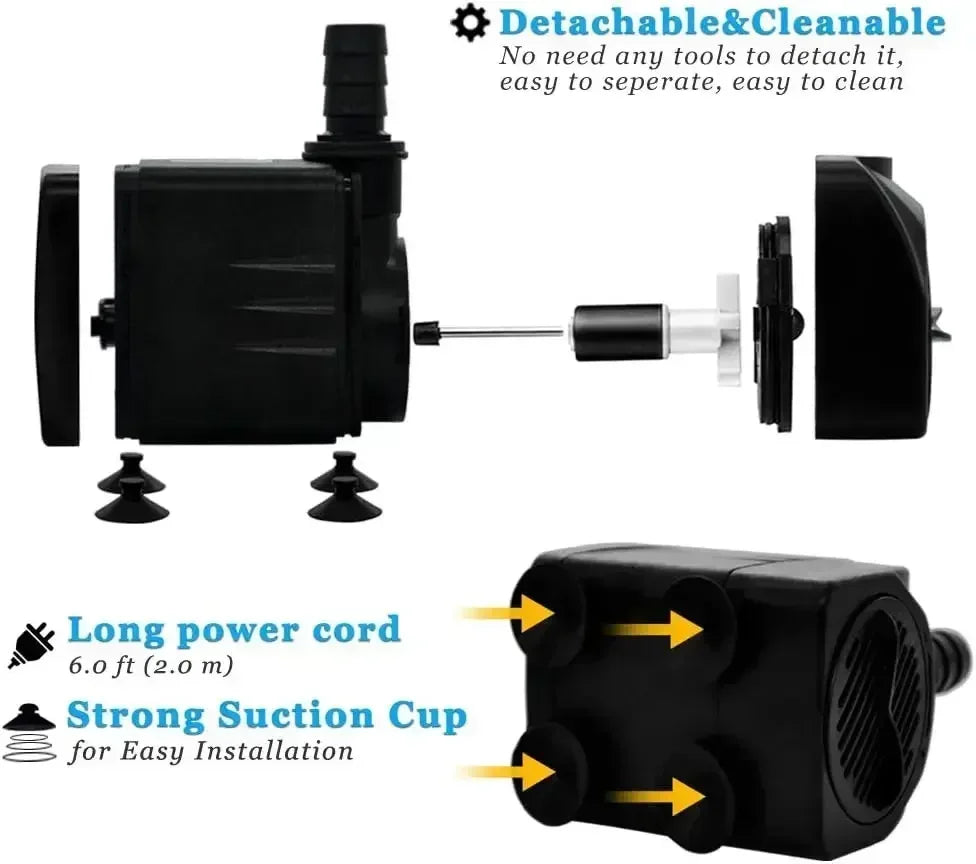 Small Submersible Pump (160GPH 10Watt), Ultra Quiet Fountain Pump (600L/H) with 3.3 ft Tubing for Aquariums, Pond Fountain, Wate