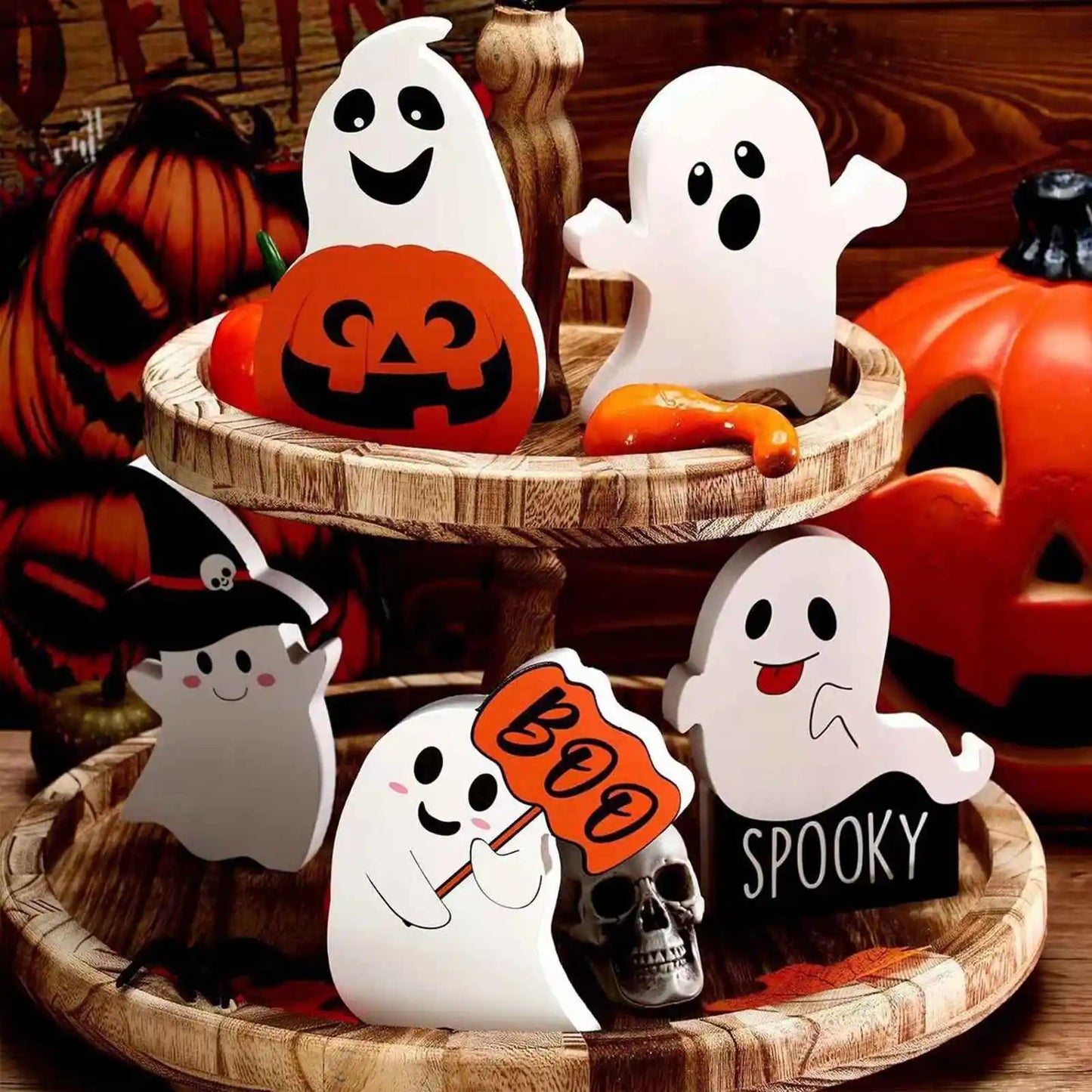 2 Sets Pumpkin Ghost Table Sign Cute Ghost Table Sign Festival Decoration PVC Spooky Desk Ornaments Table Sign for Theme Party