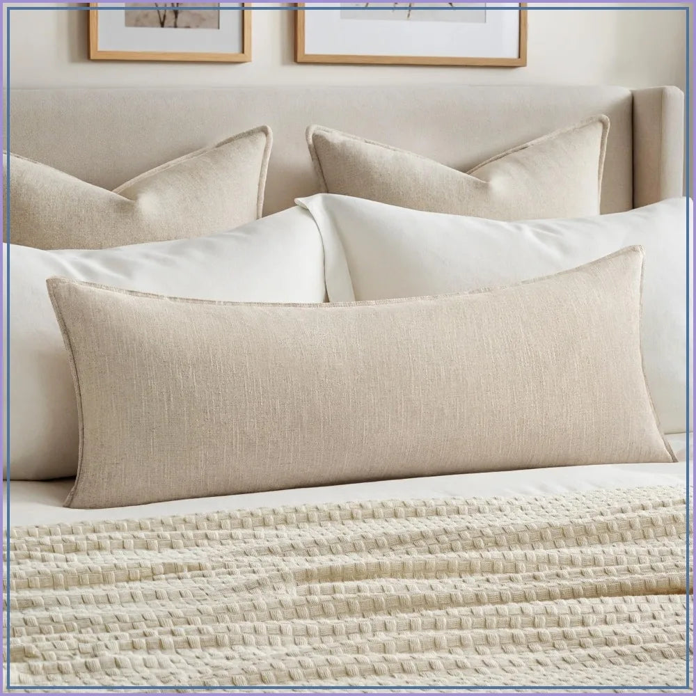 Boho Lumbar Throw Pillow Cover 14x36 Natural Beige Linen Cotton Flange Edge
