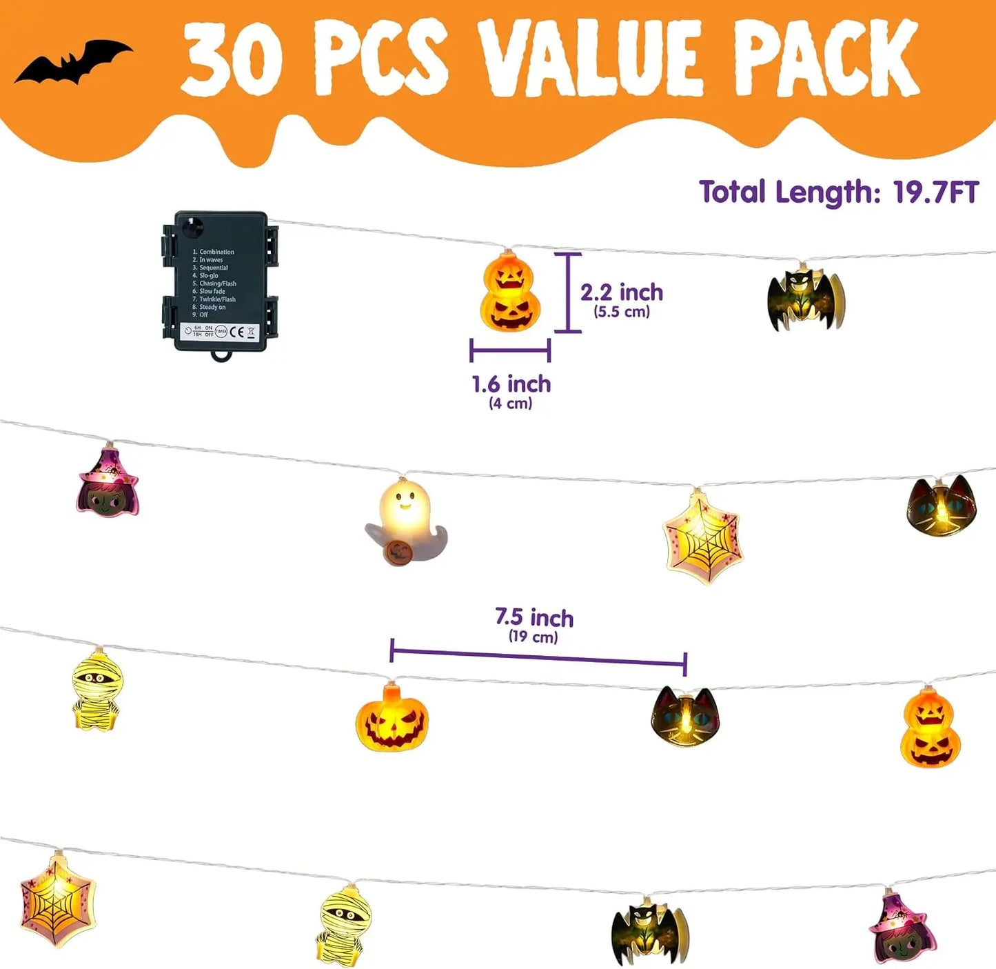 19.7FT 30 LED Halloween String Lights with Ghost & Pumpkin 3D Designs, Battery Operated Timer & 8 Lighting Modes, Spooky Indoor Outdoor Halloween Decorations for Party Yard Porch Patio