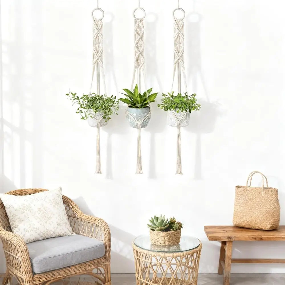 3 Pack 39 Inch Plant Hangers Indoor Wall Hanging Planter Basket Lower Pot Holder Boho Home Decor, Ivory