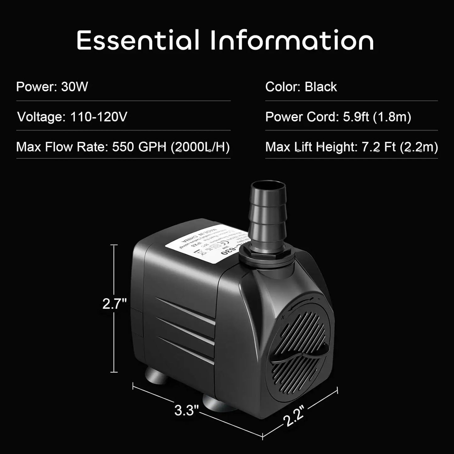 550GPH Submersible Pump 30W Fountain Water Pump, 2000L/H, with 7.2ft High Lift, 3 Nozzles for Aquarium, Fish Tank, Pond, Hydropo