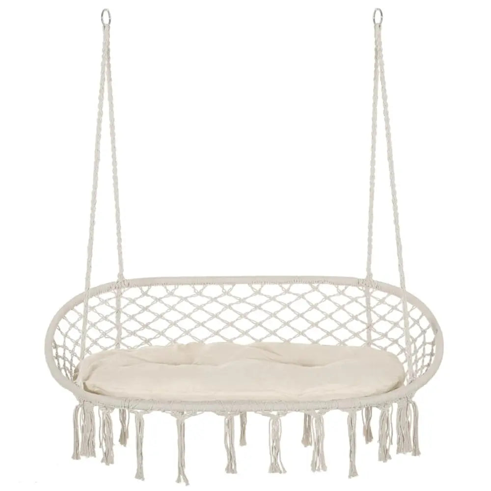 Cream 2-Person Porch Swing Hanging Chair w/ Cushion Cotton Rope Patio Backyard 51.25"x29.5"x15.75" Customized