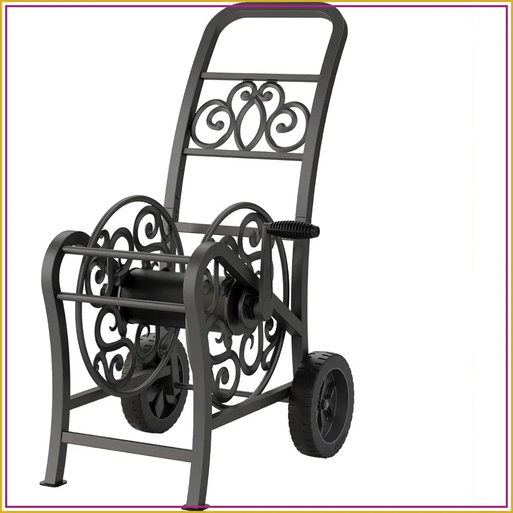 Stylish Garden Hose Reel Cart for 150ft Vinyl Hose, Flat-Free Wheels, Foot Caps, Easy Crank, Durable Steel