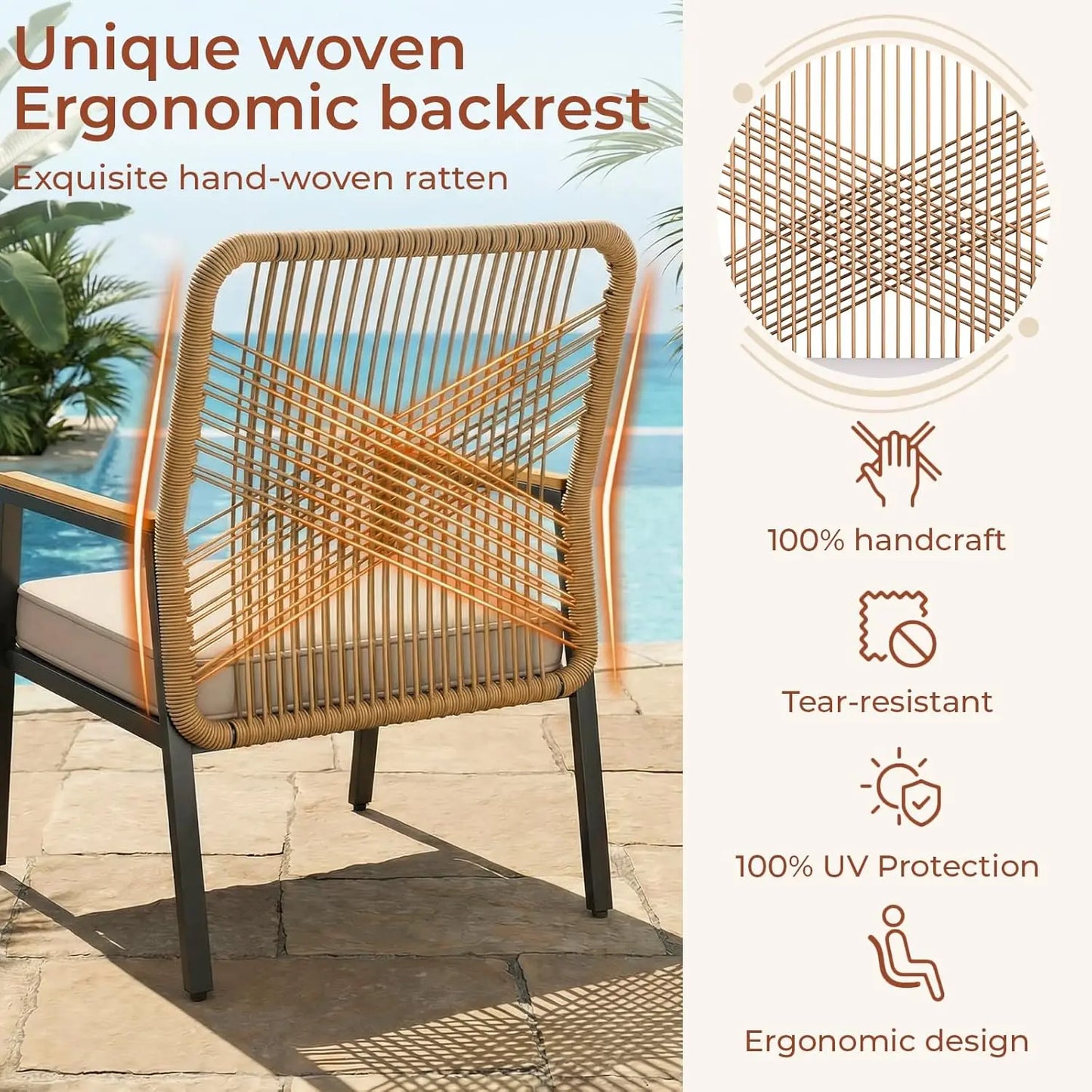 2PCS Garden Rattan Chairs,Patio Chairs,Removable 8 cm Seat Cushion,Up to 160 kg,WPC Armrest,for Balcony,Pool,Restaurant,Terrace