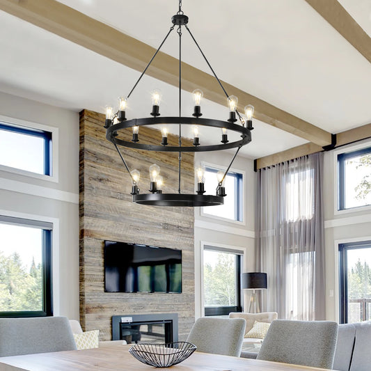 Retro style Large 2-Tier circular ceiling Ironwork chandelier