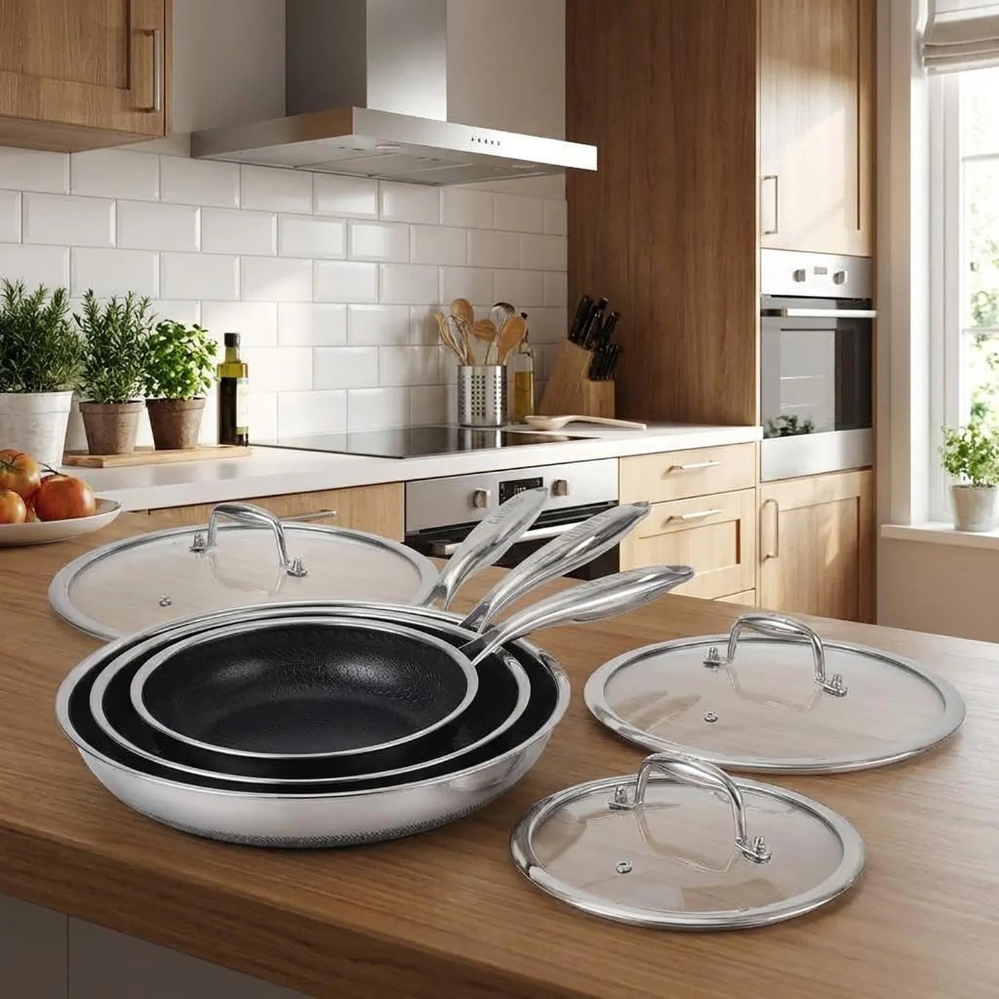 HiMiss Stainless Steel Nonstick Frying Pan Set Glass Lids