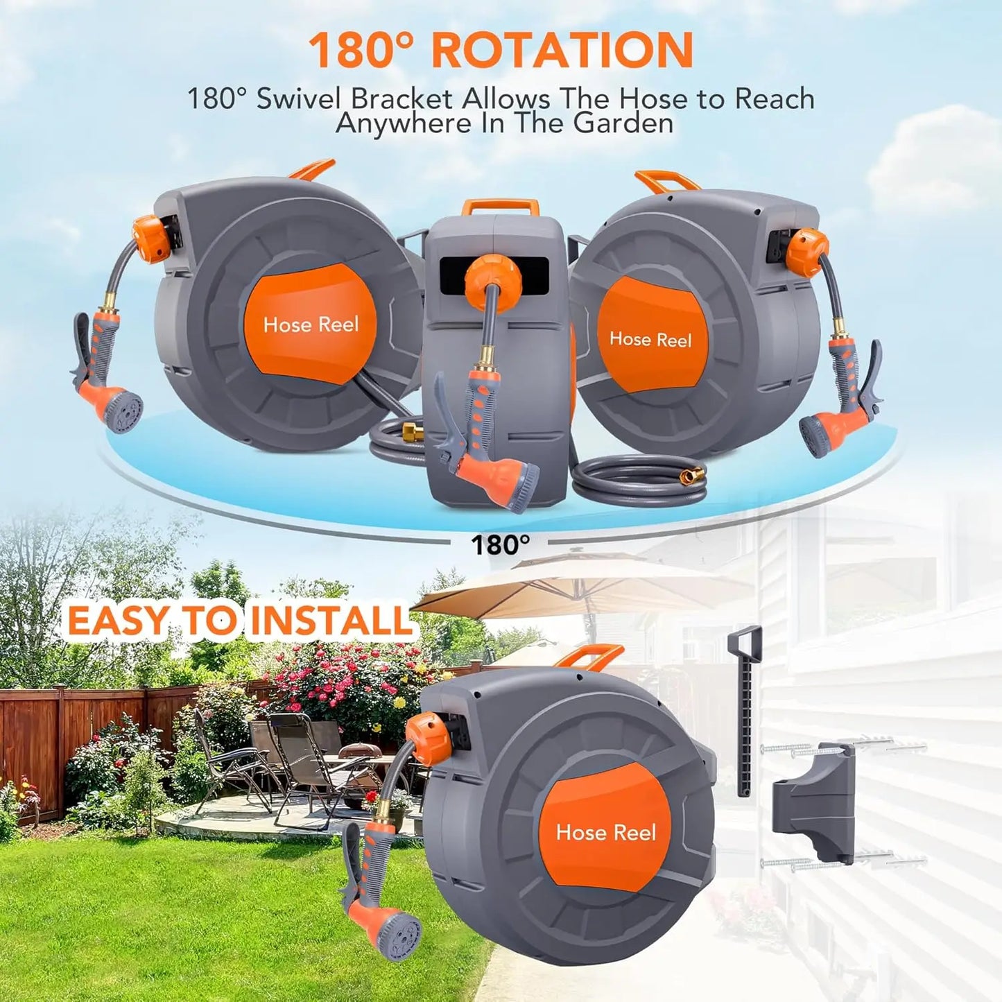 Water Hose Reel with Automatic Rewind, Retractable Garden Hose with Any Length Lock,1/2 in x 65 ft Retractable Garden Hose Reel with 9 Function Sprayer