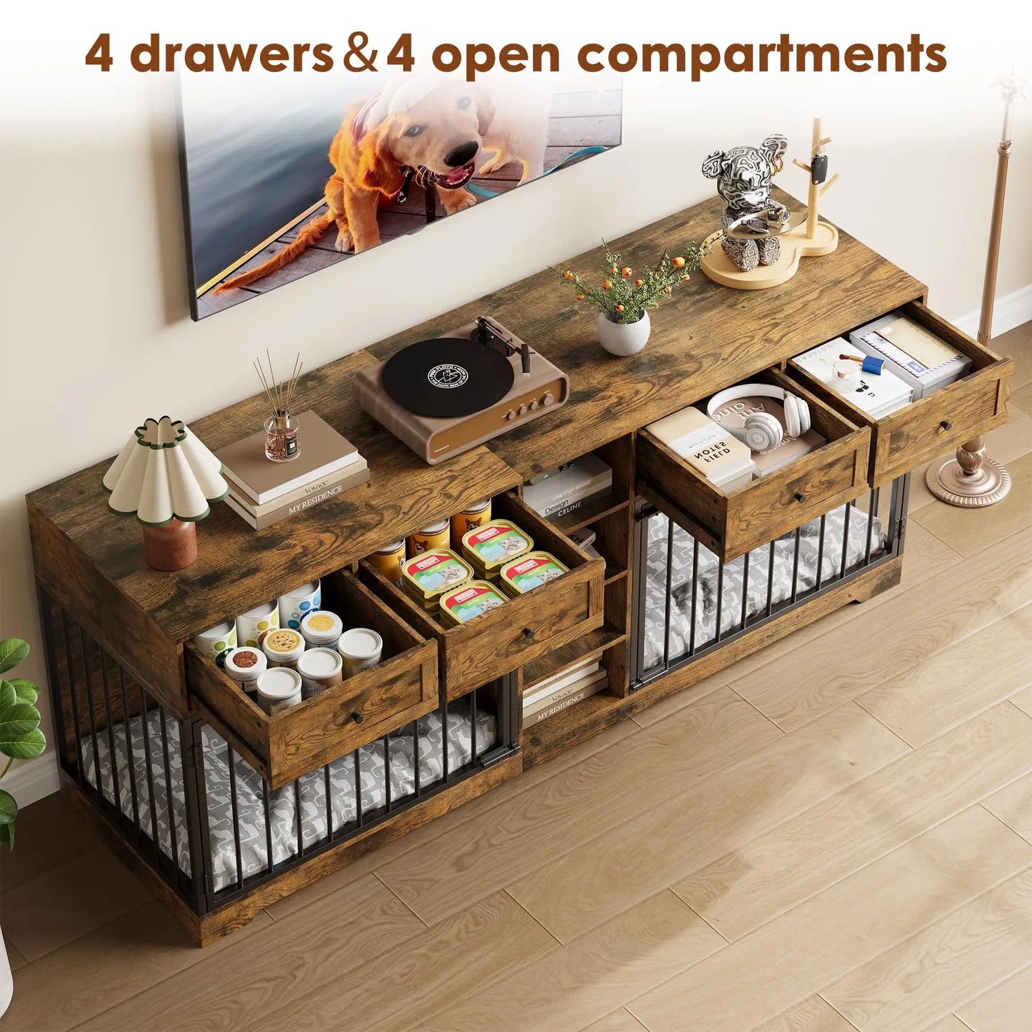 HiMISS Heavy Duty Double Dog Crate TV Stand With Drawers