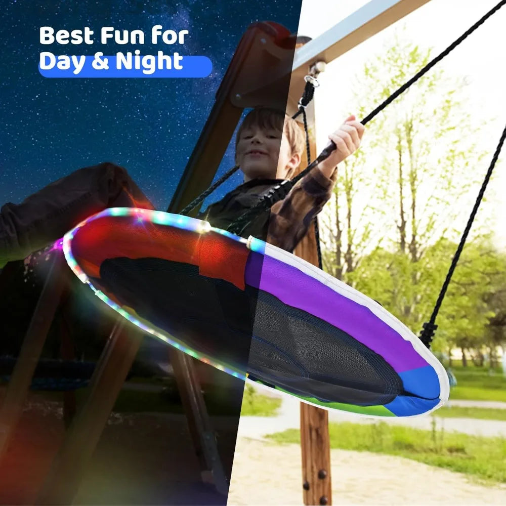 700lbs 40" Saucer Tree Swing with LED Lights, 2 Tree Hanging Straps - Rainbow