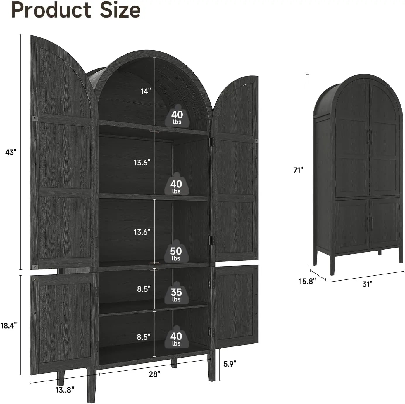 71" Tall Farmhouse Arched Pantry Cabinet, 5-Tier Wooden Storage w/Adjustable Shelves & Feet, Kitchen Cabinet w/Doors for Dining Room Organization