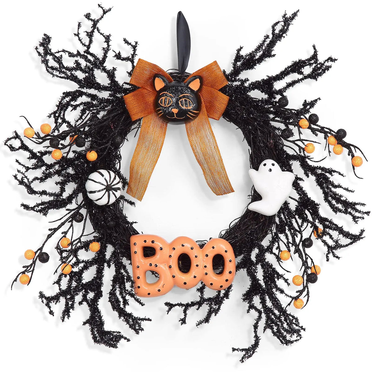 Halloween Ghost Wreath With Orange Ribbon, Maple And Black Feathers