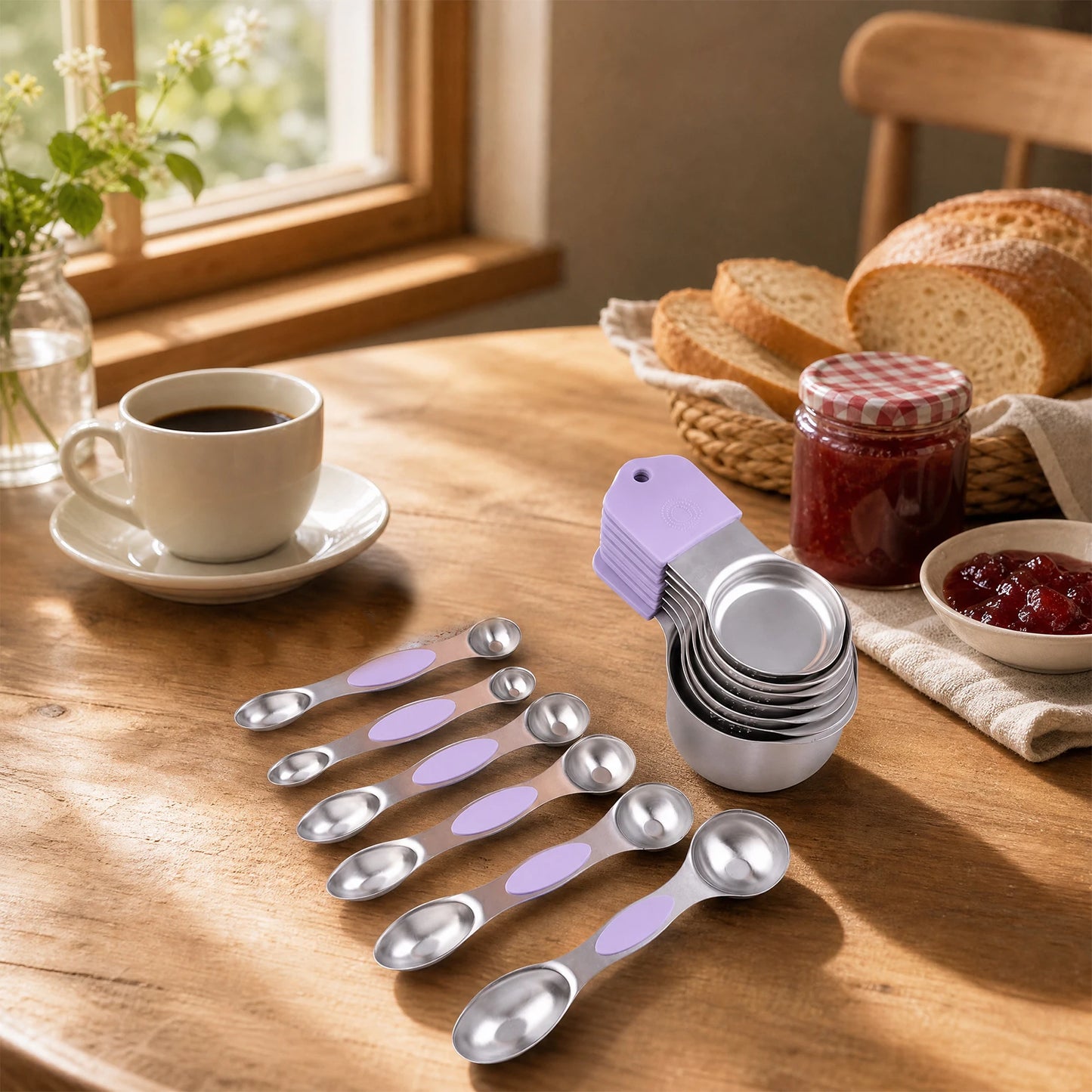 16 PCS Stainless Steel Measuring Cups and Spoons Set, Purple Silicone Handles with Leveler for Baking Cooking