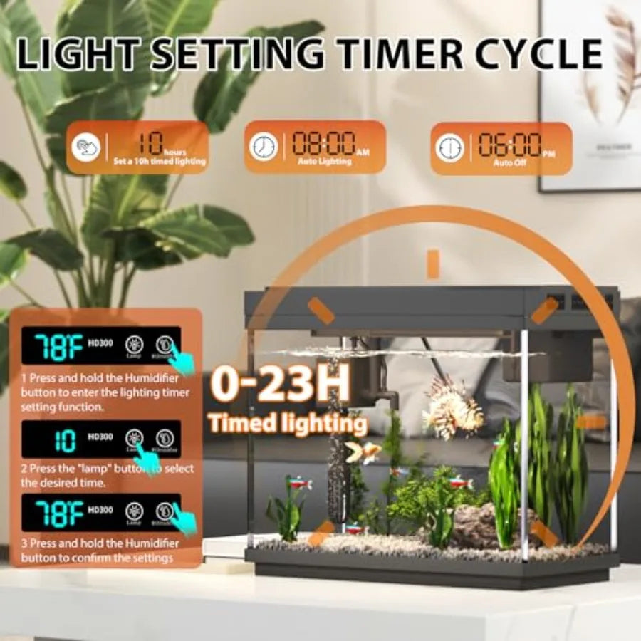 Fish Tank, 2.4 Gallon Fish Aquarium, Fish Tank Starter kit with Smart Humidifier, Temperature Display, 7-Color Lighting, 3 in 1