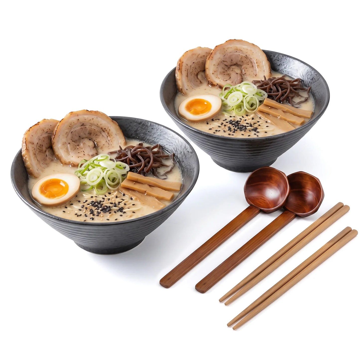 2-Piece Japanese Style Ramen Bowl Set, 9 Inch Large Ceramic Bowls with Spoons and Chopsticks for Noodles Soup Rice Kitchen Tableware Microwave Oven Bakware