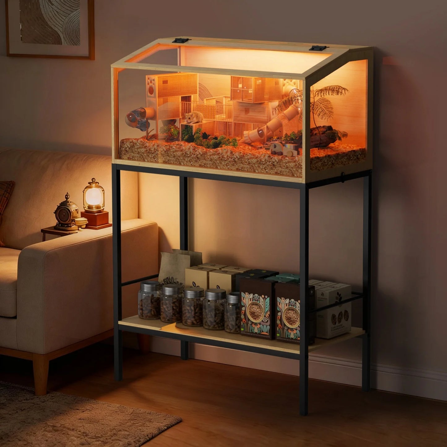 60/80/100/CM Hamster Cage Chewproof Wooden Guinea Pig Cages Habitat House Tempered Glass Panels Built-in LED Light for Small Pets