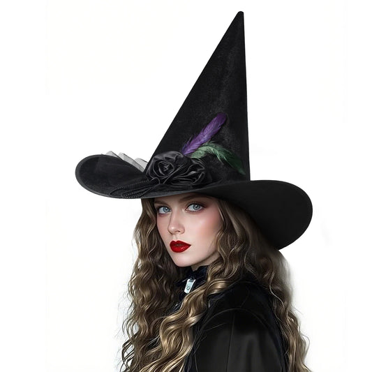 Women's Halloween Witch Hat with Lace, Feather and LED Decor