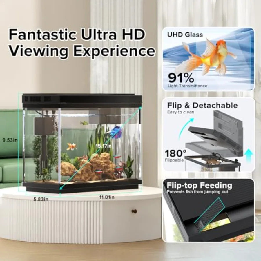 Fish Tank, 2.4 Gallon Fish Aquarium, Fish Tank Starter kit with Smart Humidifier, Temperature Display, 7-Color Lighting, 3 in 1