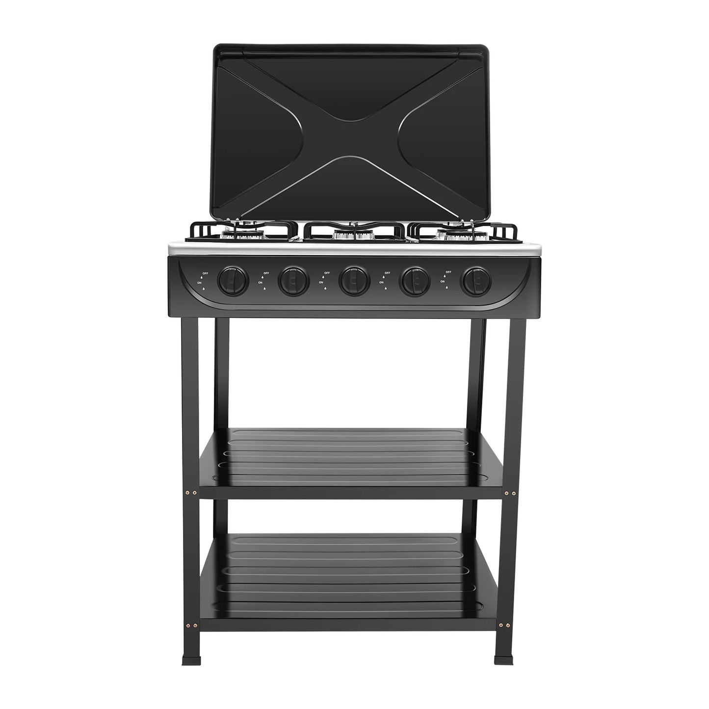 5-Burner Outdoor Natural Gas Stove, 2.5KW Each Burner, Freestanding Camping Stove with Side Shelves & Cover, Manual Ignition