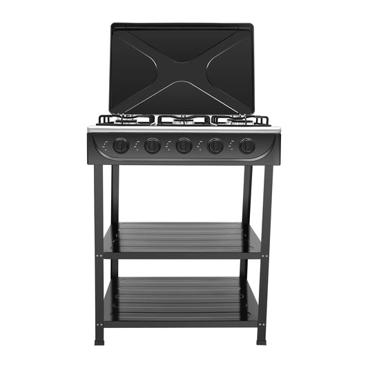 5-Burner Outdoor Natural Gas Stove, 2.5KW Each Burner, Freestanding Camping Stove with Side Shelves & Cover, Manual Ignition