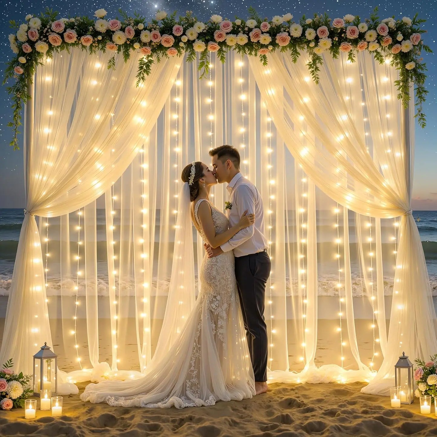 Tulle Backdrop Curtains With String Lights For Wedding And Party