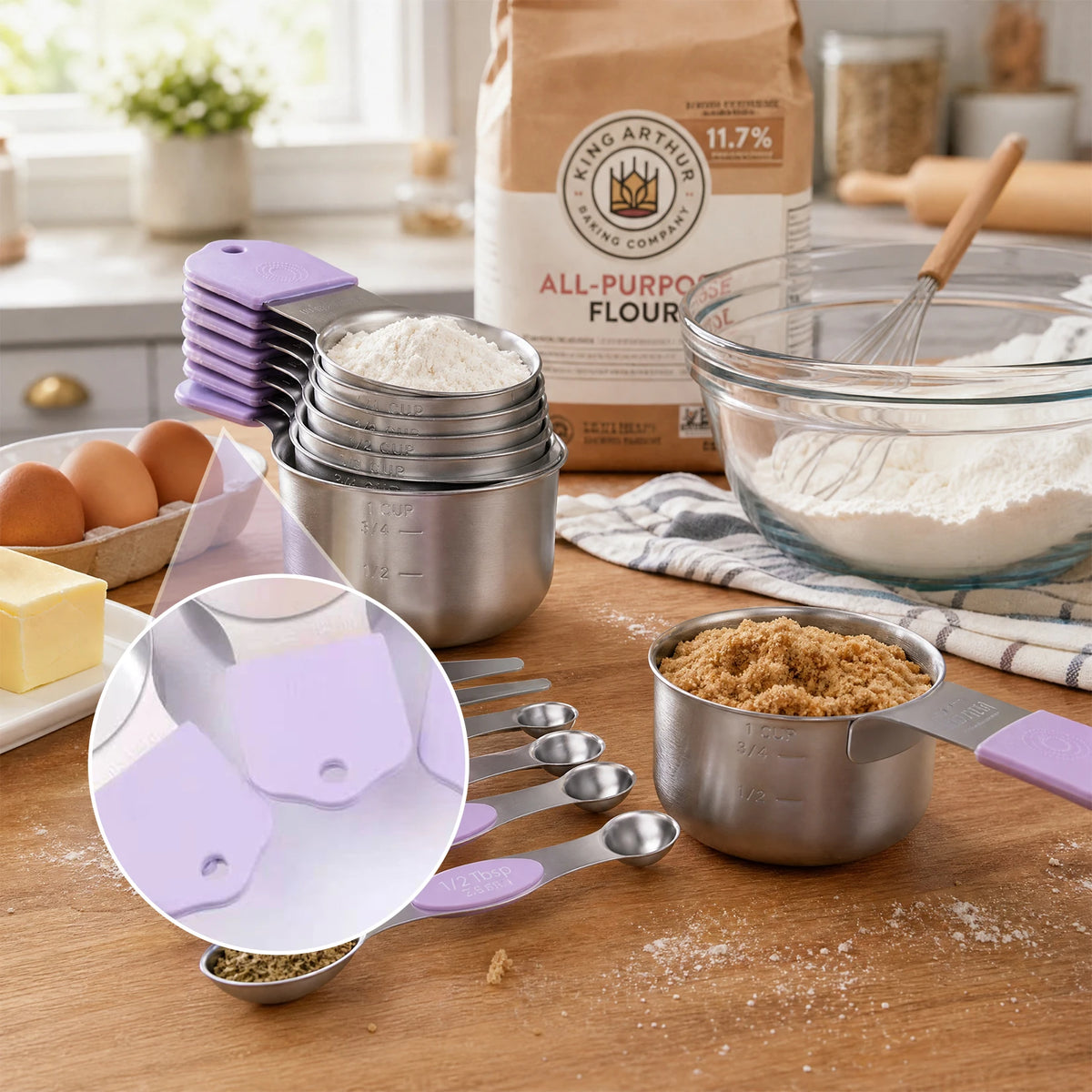 16 PCS Stainless Steel Measuring Cups and Spoons Set, Purple Silicone Handles with Leveler for Baking Cooking