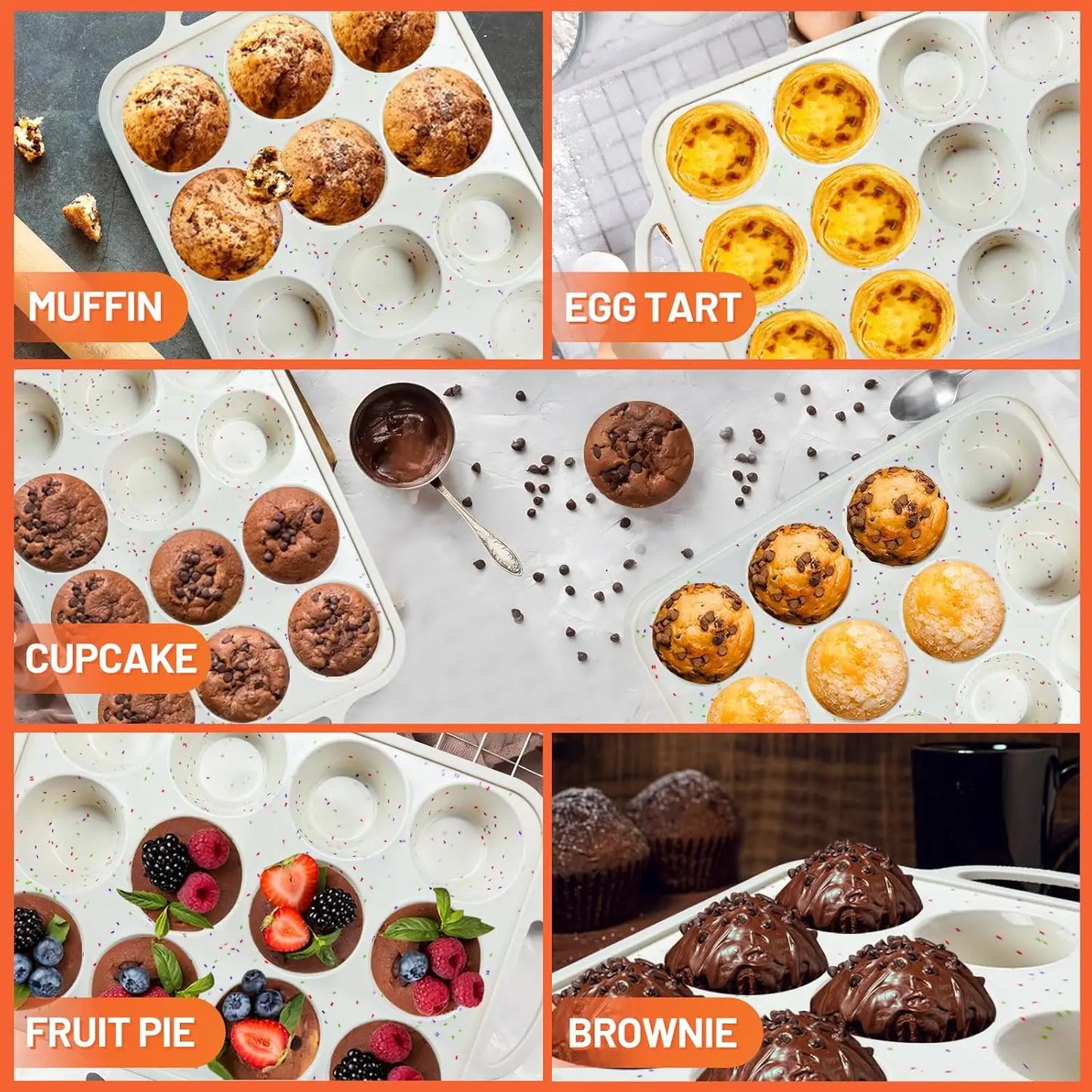 `12-Cup Silicone Muffin Pan with Reinforced Steel Frame, Non-Stick Baking Tray for Muffins Cupcakes Egg Tarts and Brownies`