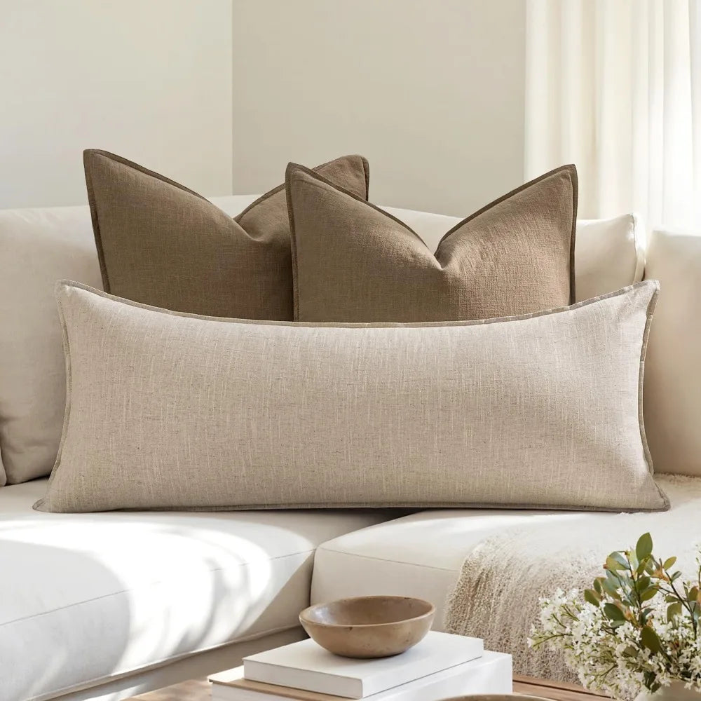 Boho Lumbar Throw Pillow Cover 14x36 Natural Beige Linen Cotton Flange Edge