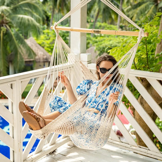 Caribbean Style Hanging Rope Chair with 40 Inch Wood Bar Cotton Weave Indoor Outdoor 300 LB Natural