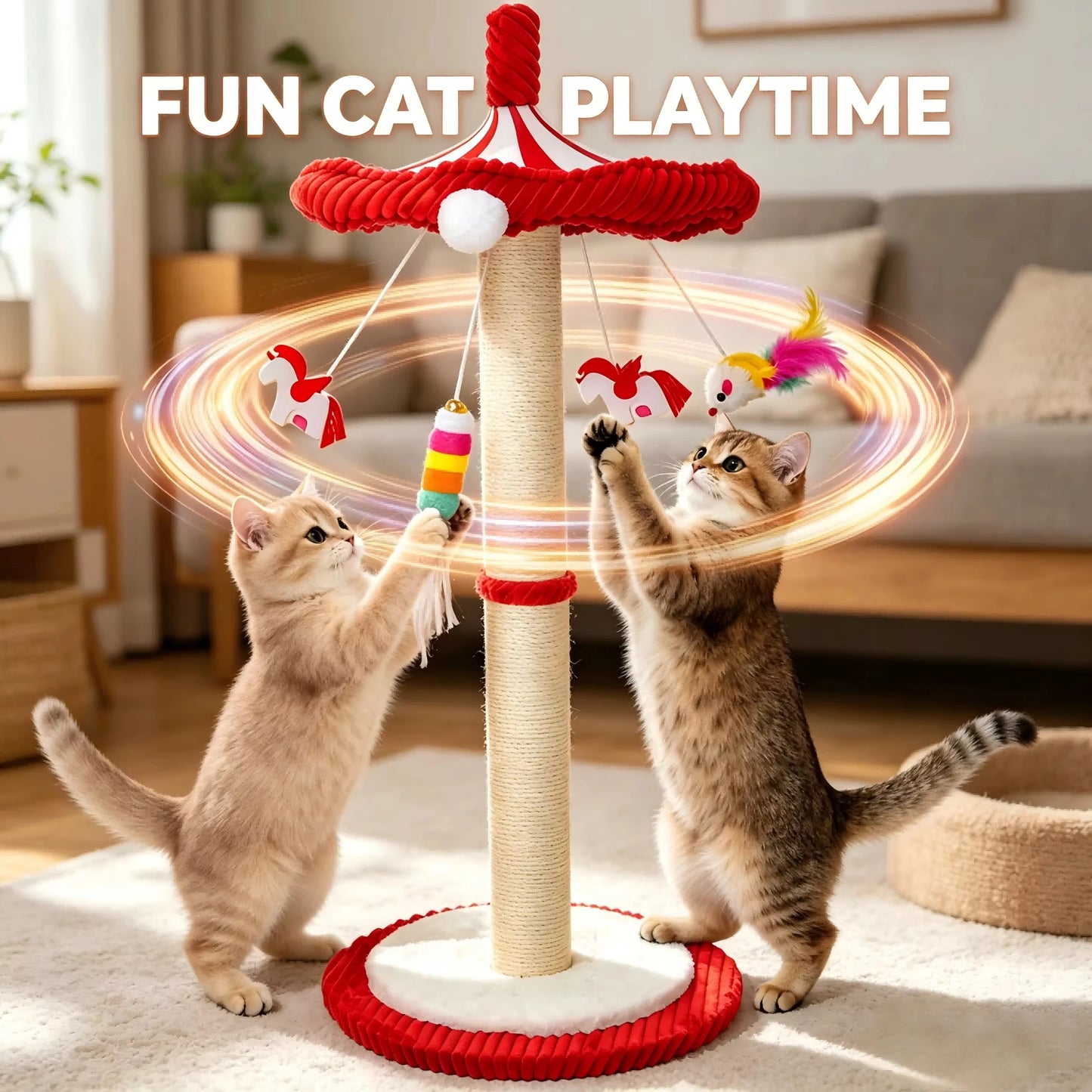 39“ Tall Carousel Cat Scratching Post with Hanging Toys Cat Tree Tower with Rotating Top 17.7" Stable Base Interactive Toys For Indoor Kittens and Adult Cats Climbing